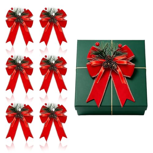 6 Pcs Christmas Red Velvet Ribbon Bows with Pine Cones Pine Needle Ornament