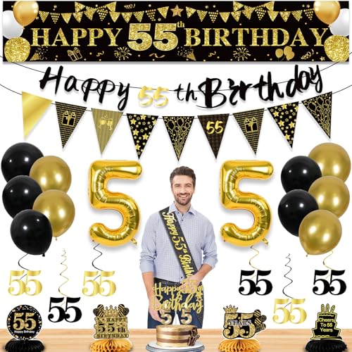 27pcs 55th Birthday Decorations for Men Black Gold 55th Party Decorations Happy 55th Birthday Banner Honeycomb Hanging Swirls Cake Topper and Balloons Kit Party Supplies