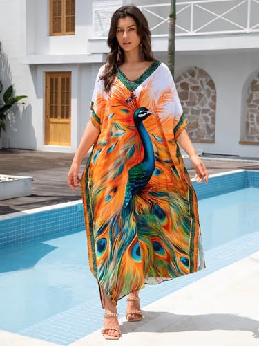 Image of KECVOT Kaftan Dresses for Women V-Neck Print Swimsuit Cover Up Plus Size Beach Caftan Lounge Dress