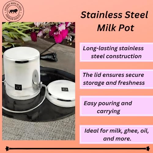 Image of Nyra Stainless Steel Milk Pot /Milk can /Milk Barni /Oil can (with lid and Handle) deep Dabba /Storage Container, Flat Bottom dolu for ghee, Oil, Curd, Grains, pulses /dolchi for Milk -Capacity 3.2Litre
