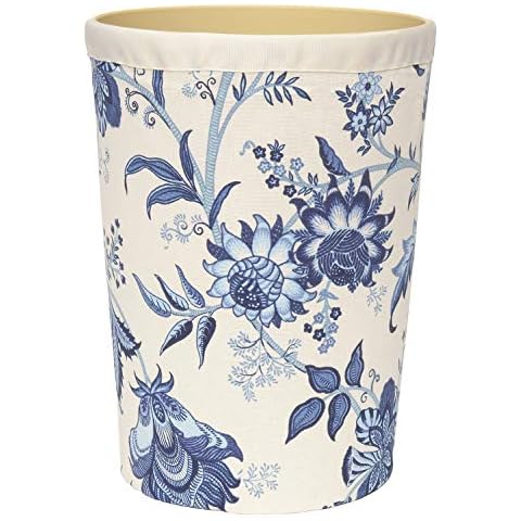 Decorative Bathroom Trash Can Garbage Can, Plastic Round Waste Basket with Washable Cloth Cover, Floral Blue Bathroom Sets 11.75" Tall Cover