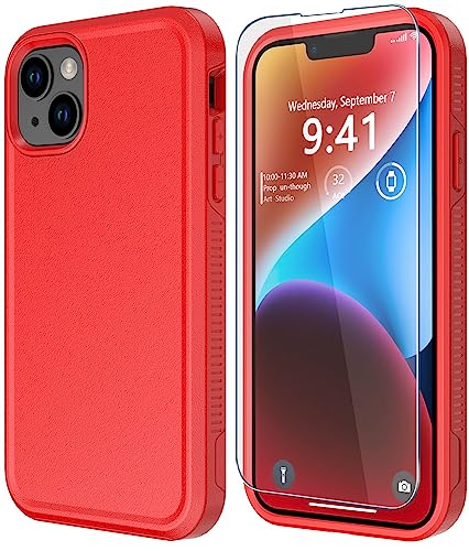 Diverbox for iPhone 14 Case [Shockproof] [Dropproof] [Tempered Glass Screen + Camera Lens Protector],Heavy Duty Protection Phone Case Cover for Apple iPhone 14 (Red-2in1)