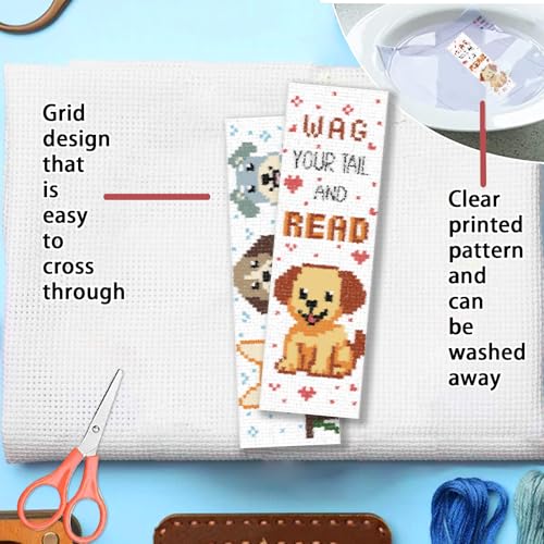 Image of FREEBLOSS 6 Set 11CT Cross Stitch Bookmarks Kit Puppy&Books Stamped Cross Stitch Kit DIY Embroidery Bookmark Set with Instruction for Adults Beginners Gift for Reading Enthusiasts 20x6cm /8x2.4inch