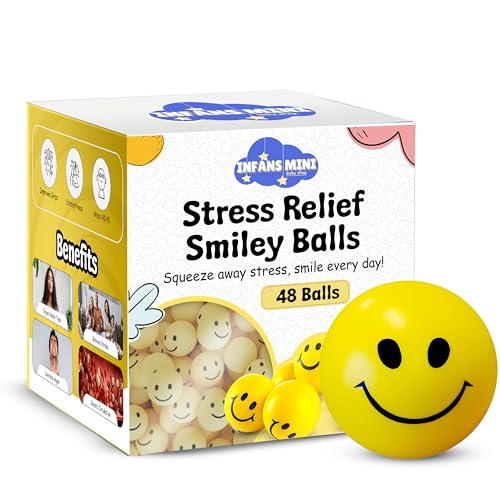 Image of Smiley Balls for Kids Non-Toxic Squeeze Toys, Soft Foam Sponge Ball for Hand Exercise & Stress Relief for Adults (Pack of 48)