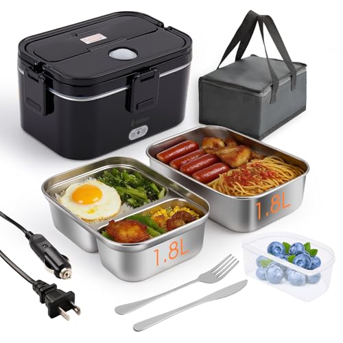Kabbas 1.8L Portable Electric Lunch Box for Adults, 100W Heated Lunch Box for Men with Removable Dual Container, Fast Heating Food Warmer, 12V/24V/110V for Car Truck Office lonchera eléctrica portátil