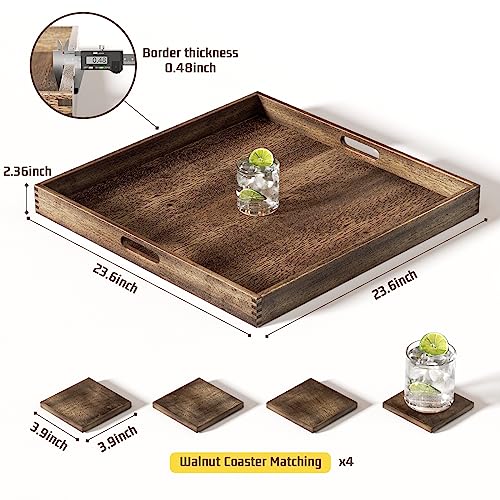 Nunemosk 24”X24” Extra Large Square Black Walnut Wood Ottoman Tray With Handles, Serve Tea, Coffee Or Breakfast In Bed, Including 4 Walnut Coasters #TOP2