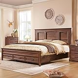 ACCOHOHO Farmhouse Queen Size Bed Frame with 52' Tall Full-Panel Headboard & Footboard, Queen Platform Bedframe with Storage Drawers, Wood Panel Bed Base, No Squeak, No Box Spring Needed, Brown