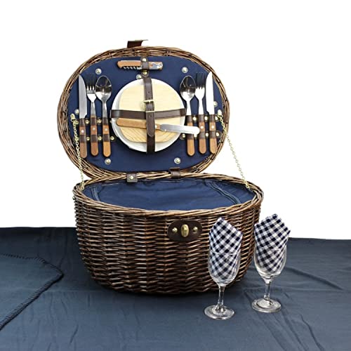 Unique Willow Picnic Basket for 2 Persons, Natural Wicker Picnic Hamper with Service Set and Insulated Cooler Bag - Best Gifts for Father Mother