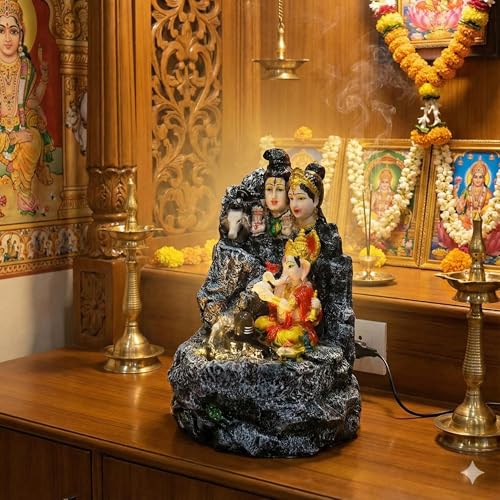 Image of ALILA Resin Shivpariwar Shivling Lord Shiva Shiv Water Fountain For Home Temple | Indoor Decor | LED Light Waterfall | Spiritual & Vastu Gift | Gifting Decor, 15 Inches, Multicolour