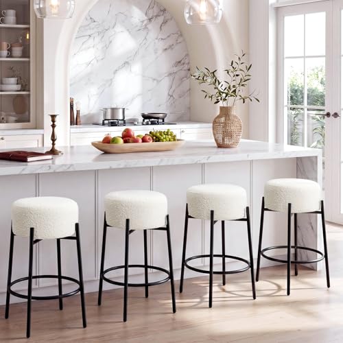 Set de 4 Butacos Modernos para Barra 26" Sin Respaldo, Asiento Redondo Acolchonado Blanco con Giratorio 360° para Isla de Cocina y Pub en Casa miniatura 1