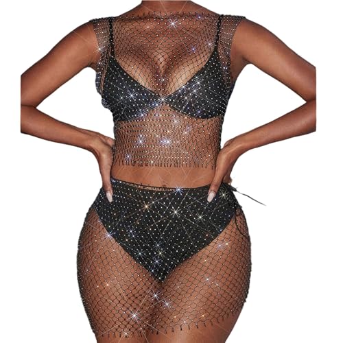 Conjunto de malla de diamantes de imitación mujer y falda ajustada premium