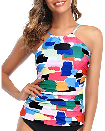 Image of Tempt Me Women Tankini Top Only High Neck Bathing Suit Top Tummy Control Swimsuit Top Ruched Swim Top Without Bottom