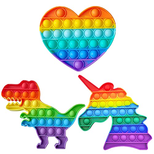 3Pcs Push Pop Rainbow Bubble Sensory Fidget Toy for Anxiety, Silicone Stress Relief Autism Toys for Kids and Adults Squeeze Heart Unicorn Dinosaur Sensory Toy