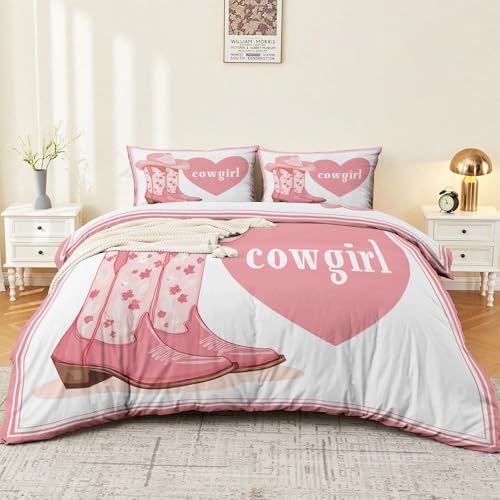 Funda Nórdica Cama 220x240cm,Dibujos Animados Botas De Vaquero Forma Ropa de Cama nórdica de Microfibra de Tres Piezas,Rosa Juego de y Funda de Almohada con Estampado a Doble Cara