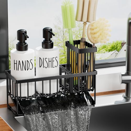Image of MASADI Kitchen Dish Soap Dispenser Set with Sponge Holder, 12OZ Glass Bottle, Hand and Dish Soap Dispenser Set, Non-Slip Silicone Pad, Brush Holder, Kitchen Sink Organizer Countertop (Black+White)