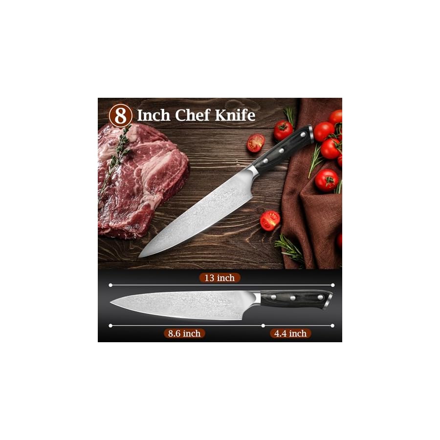 BULOFE 8" Professional Chef Knife, Super Sharp Chef's Knife with Finger Guard and Knife Sharpener, High Stainless Steel with Ergonomic Handle