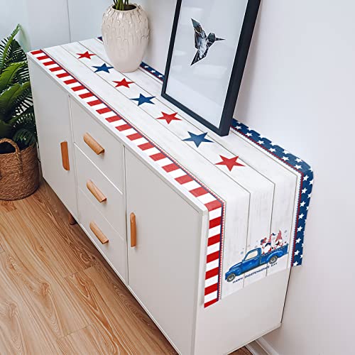 4Th Of July Table Runners 120 Inches Long Stars And Stripes Truck With Patriotic Gnome Table Runner For Family Dinner/Outdoor Indoor Party, Cotton-Polyester Blend Dresser Scarf Table Decorations #TOP3