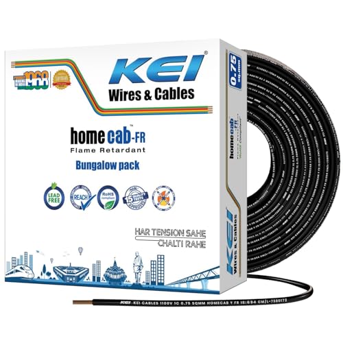 Image of KEI WIRES & CABLES Homecab 0.75 sqmm 1 Core 99.97% Pure Copper Conductor Flame Retardant House Wire PVC Insulated Cable for Domestic & Industrial Electrical Wiring (Black, 180 Meters)