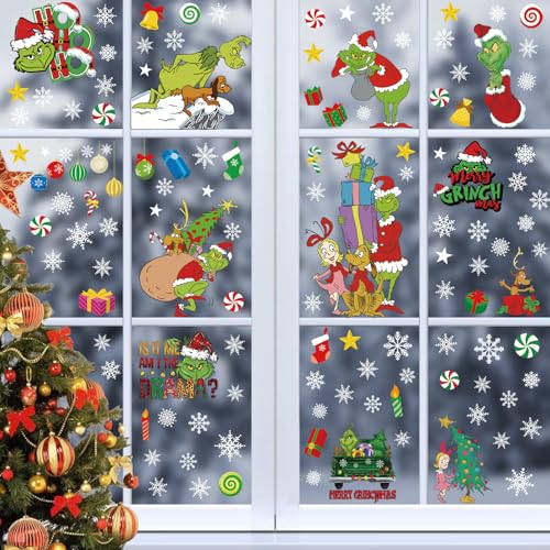 VGNRAR Christmas Window Clings Stickers 9Sheets/161Pcs Christmas Decorations Winter Decals for Glass Cartoon Xmas Tree Snowflakes Window Clings Decor for Holiday Home Office Decor