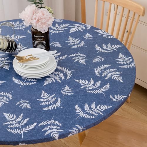 Subakvo Round Vinyl Fitted Tablecloth, Waterproof Elastic Table Covers Wipeable Flannel Backed Tablecloths for Picnic Camping Indoor and Outdoor (Leaf,Prussian Blue, Fits 45" to 56" Diameter Tables) by Subakvo - Image 9