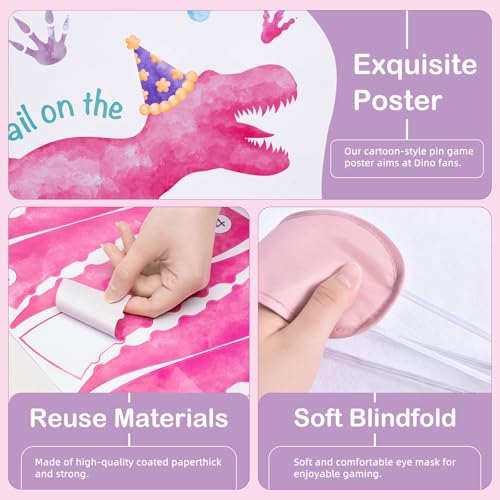 Image of WERNNSAI Pin The Tail on The Dinosaur Girl Dinosaur Party Decorations | Dinosaur Party Games for Kids,Pink Dinosaur Birthday Decorations,28 inch x 21 inch Poster with 24 Stickers and Blindfold