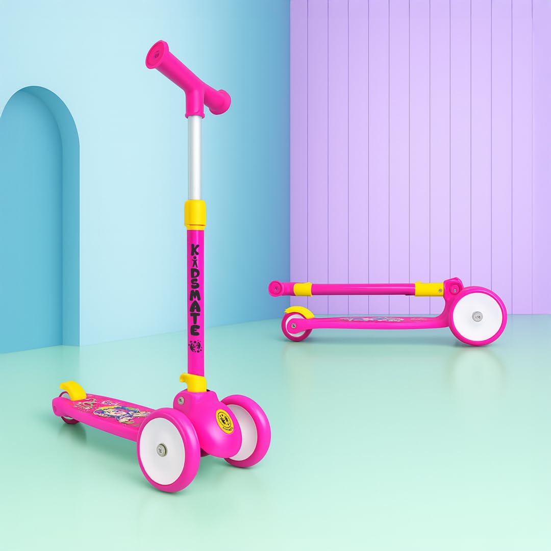 Kidsmate Leo Kick Scooter for Kids, 4 Adjustable Height Scooter, Foldable & Attractive PVC Wheels with Rare Brakes for Kids Age Upto 3+ Years (Pink)
