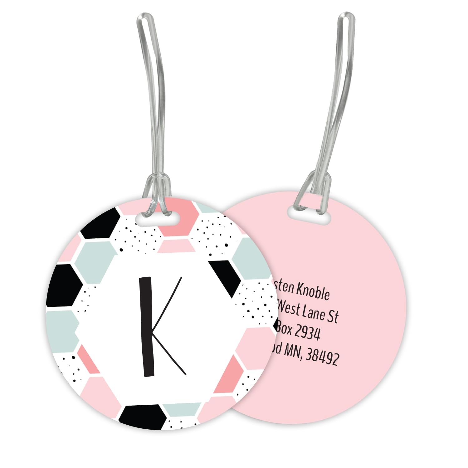 Personalized Pastel Geometric Monogram Luggage Tag / 4" Round Custom Trendy Bag Tag/Double Sided Durable Plastic Circle Luggage Tag with Plastic Strap