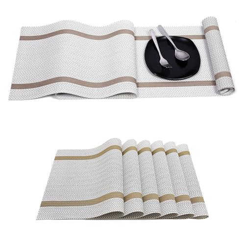 Image of Dining Table Placemats & Runner Set - Heat Resistant, Washable & Stain Resistant Woven Vinyl Mats | Table Runner & 6 Placemats Set for Stylish Dining (45x30 cm Placemats, 180x30 cm Runner)