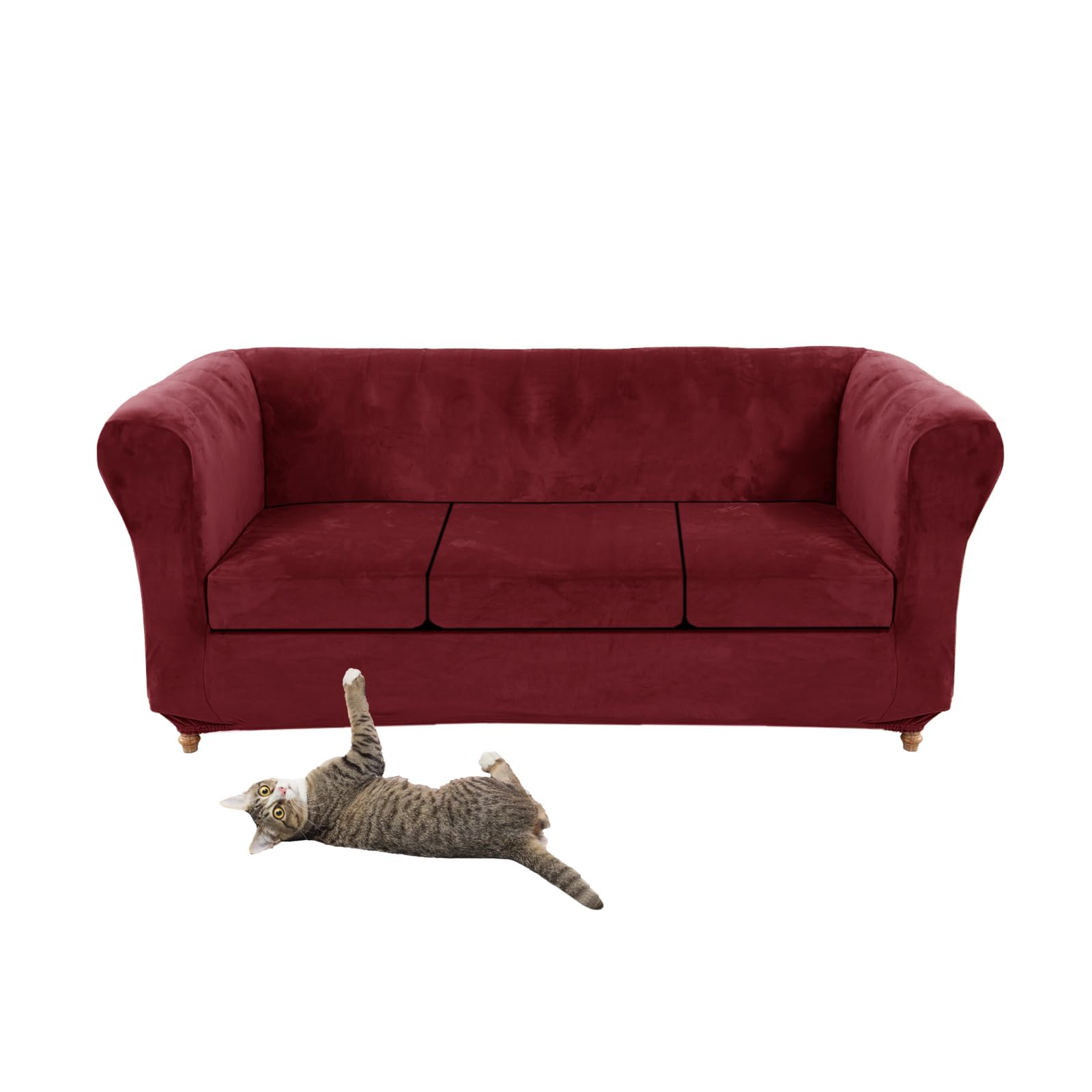SYLC Stretch Velvet Chesterfield Sofa Cover, Couch Cover with Seat Cushion Cover for Curved Settee Armchair Vintage Style (Wine red,Sofa+3 Large Seats)