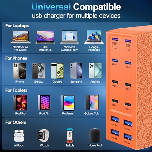 Image of 500W USB C Charger Block, 12-Port USB C Charging Station for Multiple Devices, Leather Texture Dual PD 65W Laptop Fast Charger Compatible with MacBook Pro /Air, iPad, iPhone,Galaxy and More,Orange