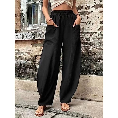 ZOCAVIA Women's Casual High Waist Pants Elastic Solid Color Loose Fit Straight Leg Summer Trousers with Pockets2
