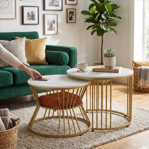 Image of Amazon Brand - Solimo Nature Haven Round Nesting Coffee Table Set of 2 | Marble Veneer Top with Metal Frame | Golden White | L 51.5 x W 51.5 x H 41.5 cm and L 46 x W 46 x H 36 cm