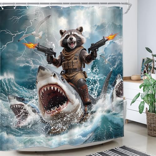 Image of Funny Cool Raccoon Shower Curtain Riding Shark Fun 72Wx72H Inch Decor