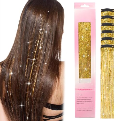 Image of MAYCREATE 6Pcs Clip in Hair Tinsel Gold Glitter Hair Extensions Tinsels for Women Heat Resistant Sparkle Strands for Women Girls Kids Party Festival Decoration