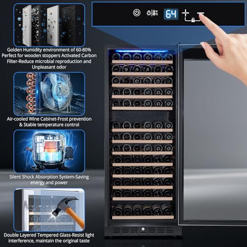 Image of 24 Inch Wine Cooler,155 Bottles Large Size, 41℉-64℉ Freestanding Wine Cellar, Stable Temperature Control, Digital Control Panel, Stainless Steel & Tempered Glass, Safety Lock,Lockable Wine Cellar