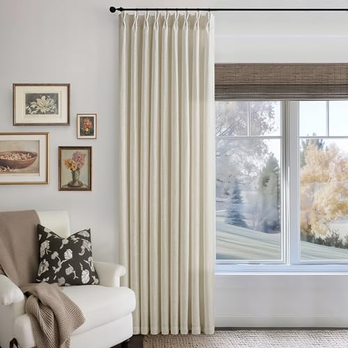 Image of 90 Inches Long 60 Inches Wide Extra Wide Linen Curtains Pleated | Light Filtering, Oatmeal, Semi Sheer, Floor, Pinch Pleated, Privacy, Back Tab, Hooks Rings, Living Dining Room, 60x90