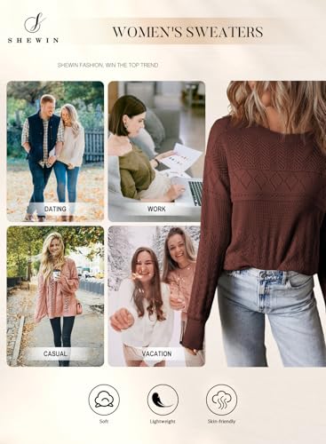 SHEWIN Fall Sweaters for Women Casual Crewneck Long Sleeve Crochet Pullover Tops Sweater4