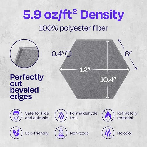 Image of Acoustic Panels 12-Pack - 12 inchX10.4 inchX0.4 inch Sound Panels - High Density Sound Dampening - Pebble Gray Hexagon