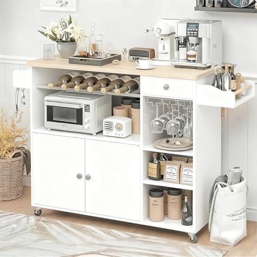 El Mejor Listado de Cocinas integrables Top 5. 50 NEBULYN Isla de Cocina Móvil Multifuncional con Ruedas, Organizador Integrado Gabinetes, Cajones, Especiero, Botellero, Almacenamiento Compacto 100 * 39 * 88.5CM(Blanco)