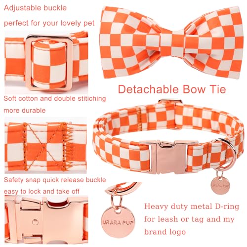 Image of Fall Dog Collar with Bow Tie, Orange Plaid Bowtie Dog Collar, Autumn Bowtie Collars for Puppy Boy Girl Dogs, Comfortable Cotton Dogs Collars with Metal Buckle