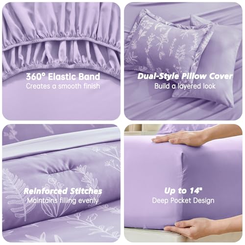 Image of MUXHOMO Oversized Queen Comforter Set, Lavender Elegant Floral Print Bed in a Bag 7 Pieces, Soft & Breathable Reversible Botanical Pattern Bedding Set with Comforter, Sheets, Pillowcases, and Shams
