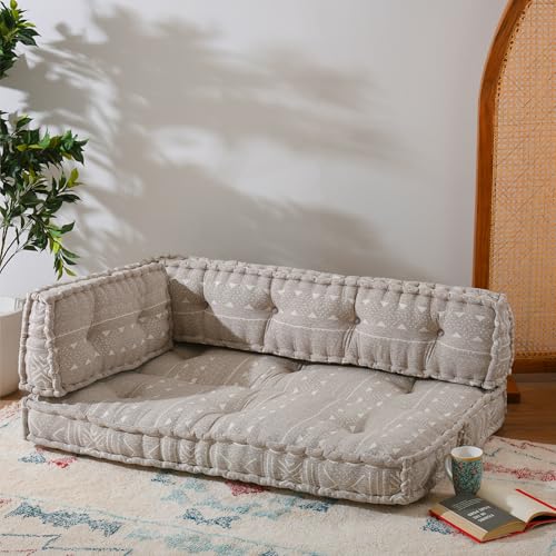 Image of ASHEVILLE No Wood Foldable Modular Sofa Set | Low Floor Seating, Corner Cushion Sofa, 2-Person Lowseat, Handcrafted, Dabu Cotton Upholstery Sofa (Set of 3 Pcs, Brown)