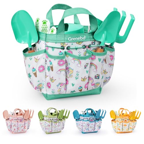 Grenebo Kids Gardening Set Toys,Includes Metal Trowel,Transplanting Shovel,Garden hat,Rake,Apron,Gloves,Watering Can,and Tool Organizer Bag (Lake Green)