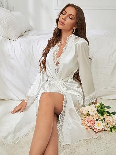 OYOANGLE Women's Satin Robe Long Sleeve Open Front Floral Lace Trim Belted Bride Wedding Party Bathrobes4