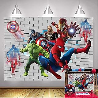 SuperheroTheme Photography Backdrops White Brick Wall Boys Kids Children Birthday Party Photo Background (7x5FT)