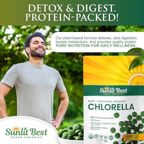sunlit best usda organic premium chlorella tablets 1000 count  100 pure chlorella superfood supplement high in protein chlorophyll vitamins amp minerals  supports good health wellbeing
