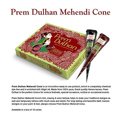 Image of Prem Dulhan Natural Henna Based Mehendi Cones 1 Box Pack of 12 Cones, Made from Natural Henna Leafs, Easy Application