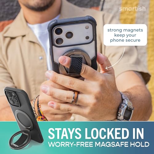 Image of Smartish MagSafe Phone Grip Kickstand - Quickstand - Magnetic Cell Phone Finger Loop - [Dual-Sided Magnets] Ring Holder Mount w /MagSafe Adapter Kit for Apple iPhone Accessories - Black Tie Affair
