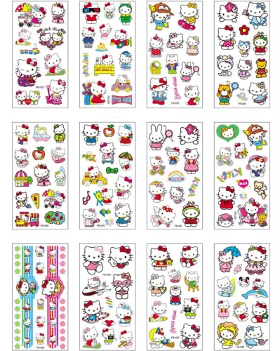 Kinder Tattoos Aufkleber,Hello Kitty Tattoos Set 12 Sheet Temporäre Tattoos Kinder Aufkleber Sticker,für Jungs Mädchen Kindergeburtstag Mitgebsel, Party, Festival Cover