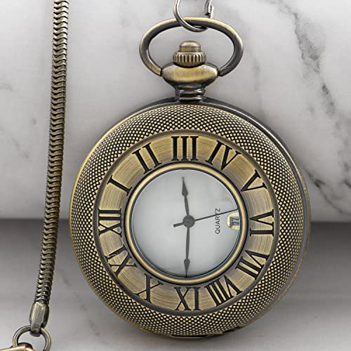 Realpoo Bronze Hollow Roman Digital Pocket Watch Cover For Men, Calendar Roman Dial Men's Quartz Pocket Watch With Chain-Bronze #TOP7